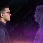 Young man with his digital projection on dark background. Concept of digital twin